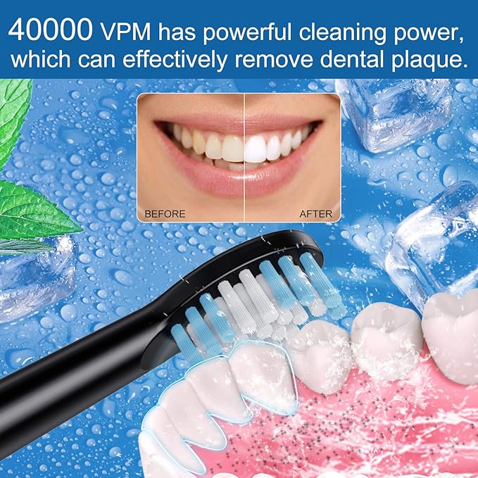 Electric Toothbrush, with 8 Replacement Brush Heads and 1 Travel Box,Sonic Toothbrush for Adults and Kids,Portable Rechargeable Toothbrush for Travel (Black)