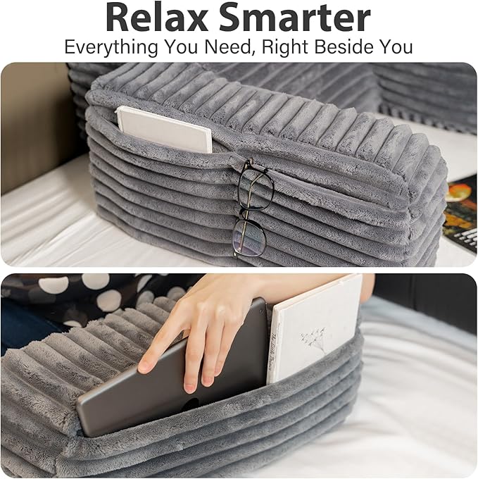 ENITYA 19” Back Pillow for Bed Sitting up, Built-in Armrests & Big Pockets, Back Support Chair Pillow for Sitting up/Watching TV/Reading/Gaming/Resting/Post Surgery/Nursing