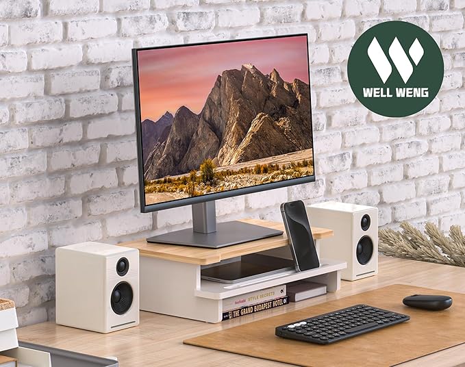 WELL WENG Monitor Stand Monitor Stand Riser for Desk,Wood Desk Shelf Storage Organizer with Phone Tablet Holder (16.5 Inch, White & Natural Bamboo)