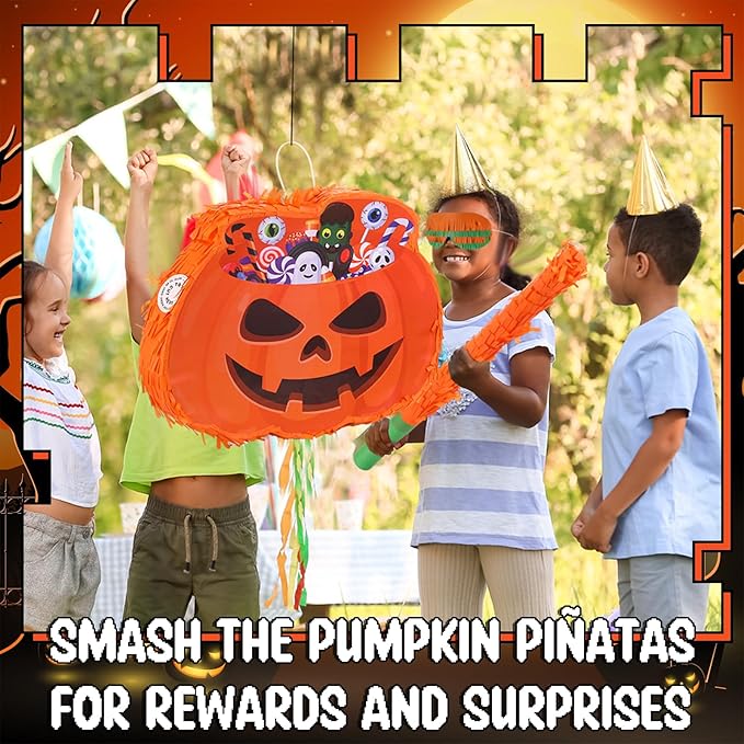 Jenaai 50 Pcs Halloween Piñatas Party Favors Include Large Piñatas with Blindfold Slap Bracelets Paper Eyeglasses Glow in the Dark Stickers and Stamper Halloween Party Supplies(Pumpkin)