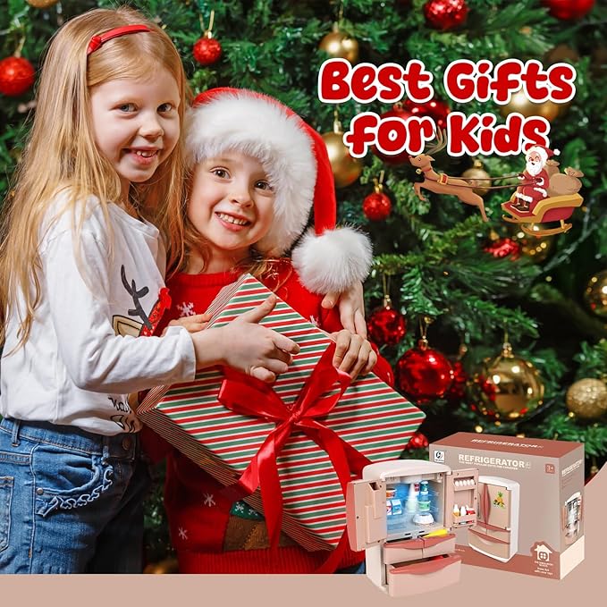 Coherny Play Kitchen Toys Fridge Refrigerator with Ice Dispenser,Mini Dollhouse Furniture Fridge Kids Kitchen Playset with Mini Play Food,Toddler Kitchen Playset Accessories for Boys Girls