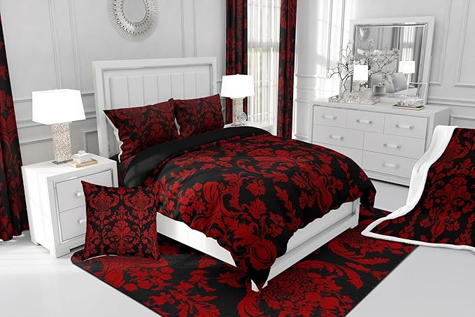 Feelyou Red Black Vintage Damask Floral Duvet Cover Set Oriental Antique Bedding Set Queen Size for Kids Boys Girls Gothic Bohemia Floral Comforter Cover Luxury Flower Quilt Cover,No Comforter