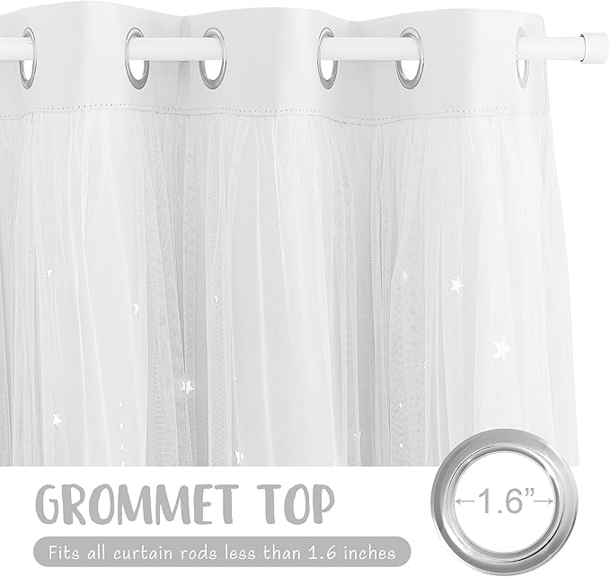 NICETOWN 84 inch Length Star and Moon Hollow-Out Window Curtains for Christams Gift/Kids Room, White Voile Overlay with Blackout Curtains for Nursery (Greyish White, 52" W per Panel, 2 Panels)