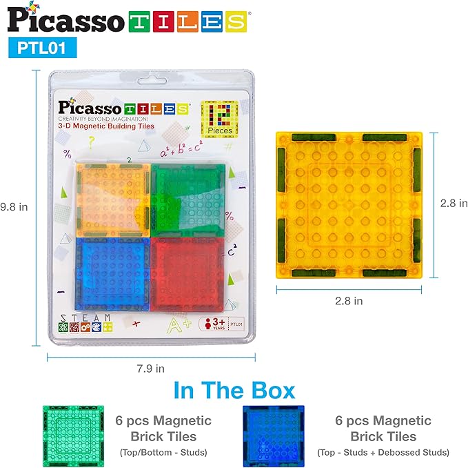 PicassoTiles Magnetic Brick Tiles STEM Creative Magnetic Tiles Building Block Set Building Brick Construction Toy Socket Spikes Toys Accessory Educational Imaginative Learning Kit Stacking Set