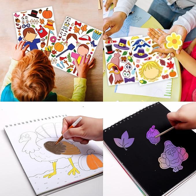 JOYIN 53 Sheets Thanksgiving Crafts Notebook with 20 Make-a-face Make A Turkey Stickers, 10 Coloring Book, 10 Scratch Cards, 5 Plain Paper and 8 Stickers Thanksgiving Party Favor Classroom Gifts