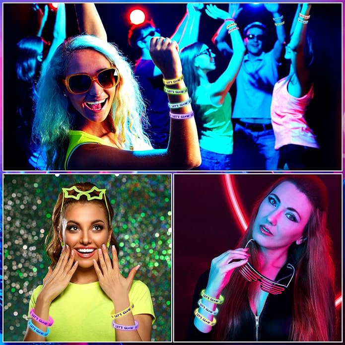 Karenhi 100 Pcs Let's Glow Silicone Bracelet Crazy Bracelet Glow in the Dark Bracelets Light up Wristbands for Neon Party Concerts Sports Parties Night Favors, 10 Styles