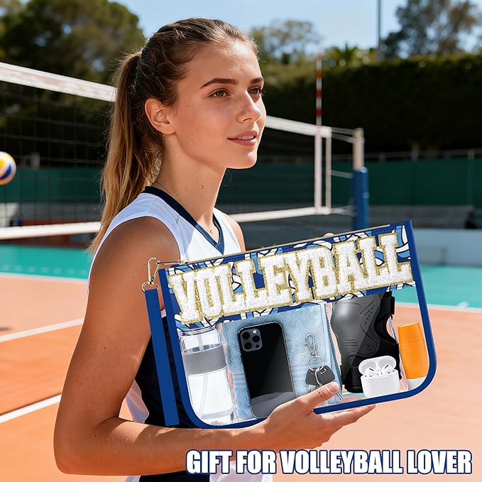 BuyCard Volleyball Gifts Makeup Bag with Chenille Letter Patch, Clear Cosmetic Pouch PVC Organizer Purse, Waterproof Travel Bag, Portable Toiletry Storage Bag for Her Friends