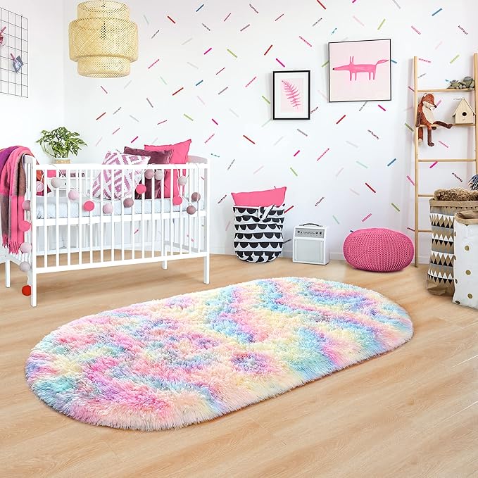 Noahas Oval Fluffy Rainbow Rug 2.6X5.3 Small Kids Rugs for Bedroom Girls And Boys Aesthetic,Bedside Bedroom Rug,Ultra Soft Runner Carpet Modern Shaggy Nursery Area Rugs Home Decor