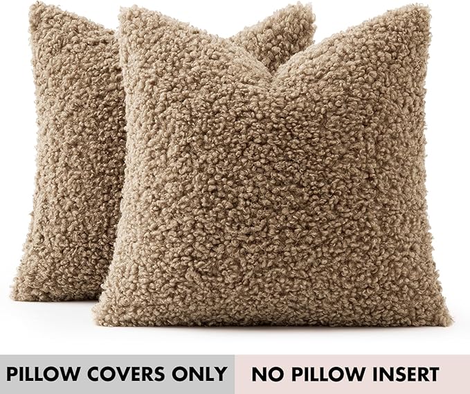 Woaboy Faux Fur Throw Pillow Covers 20x20 Inch Set of 2 Boucle Neutral Decorative Sherpa Fuzzy Accent Soft Sheepskin Fleece Cushions Modern Home Decor for Couch Sofa Bedroom Living Room,Khaki