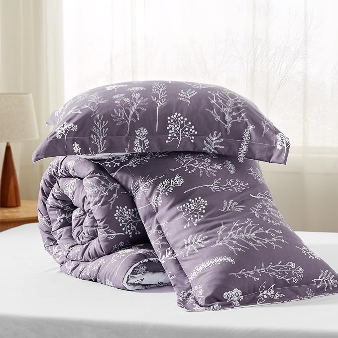 Bedsure Full Comforter Set - Grayish Purple Bed Set, 3 Pieces Cute Floral Bedding, 1 Soft Reversible Botanical Flowers Comforter and 2 Pillow Shams