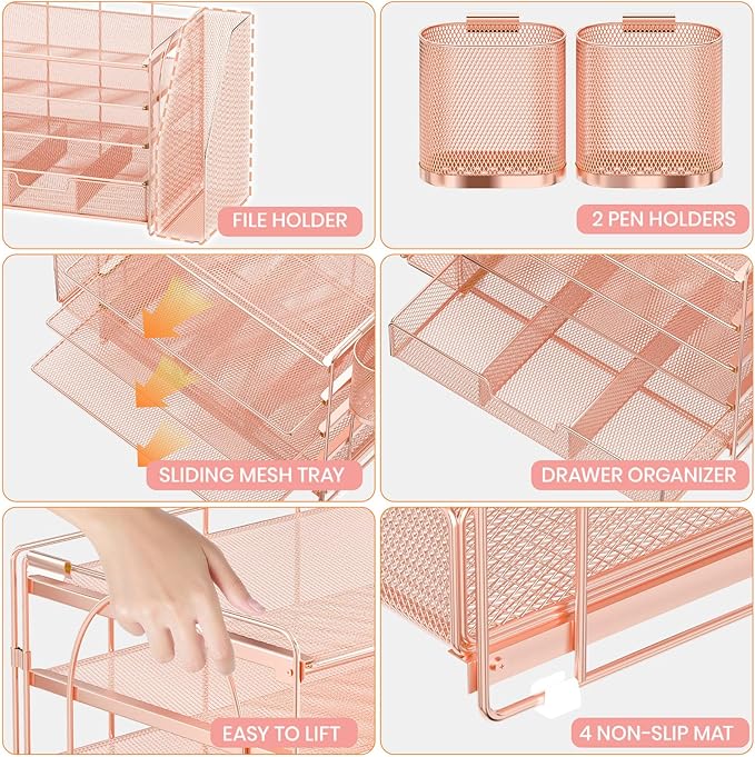 OPNICE Desk Organizer, 5-Tier Paper File Organizer with Drawer & Pen Holder, Office Desk Accessories, Workspace Desktop Organizer for Office Supplies(Rose Gold)