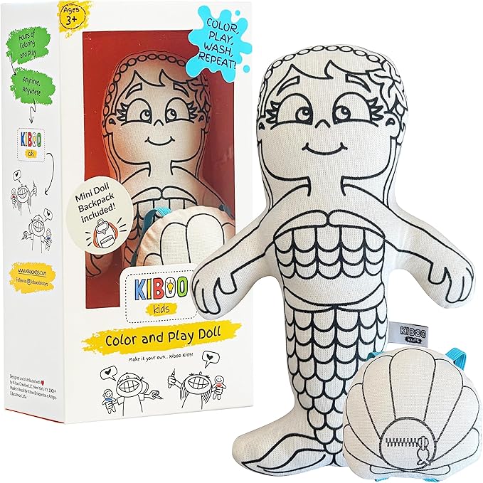 Kiboo Kids Color Your Doll - Coloring Toy for Kids - Educational Art and Crafts for Kids - Reusable Gift (9" Mermaid Doll with Mini Shell Doll Backpack and Washable Markers)