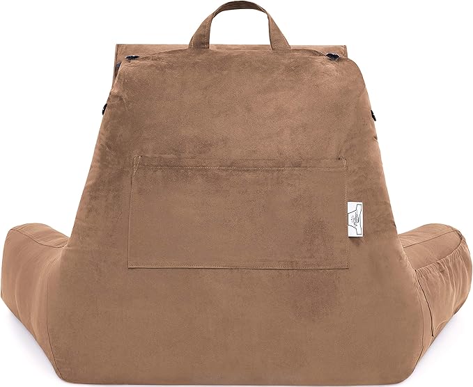 Husband Pillow Medium Aspen Edition Saddle Brown, Sit Up Reading & Bed Rest with Arms, Ultra-Comfy, Detach Neck Roll - Premium Shredded Memory Foam Backrest, Reverses to Micro: Suede or Plush