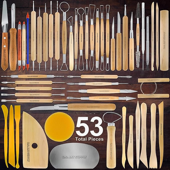 U.S. Art Supply 53 Piece Pottery & Clay Sculpting Tool Set with Hard Plastic Storage Box