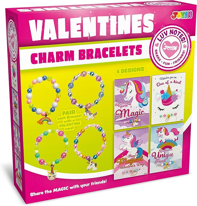 JOYIN 28 Packs Valentine‘s Day Unicorn Bracelets with Cards for Kids, Gift Cards Bracelets Party Favors for Kids Girls Valentine Classroom Exchange Day Gifts