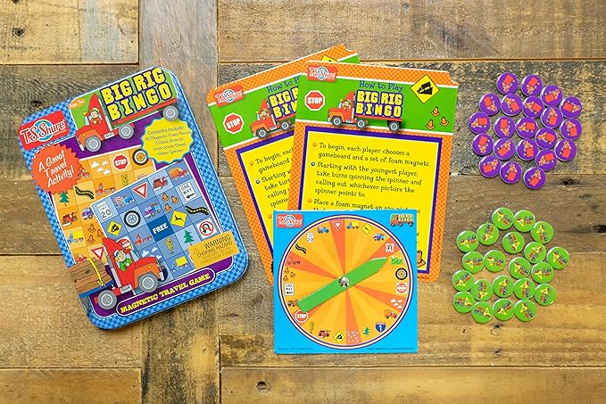 Bendon TS Shure Big Rig Trucks Bingo Games Mini Magnetic Activity Tin with Spinner and Foam Magnet Sheet 50523