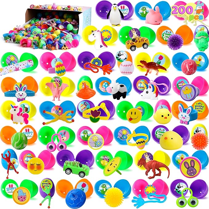 JOYIN 200Pcs Prefilled Easter Eggs with Assorted Toys Plus Stickers Inside, Easter Eggs Filled for Kids, Basket Stuffers, Egg Hunt, Party Favors, Classroom Prize Supplies