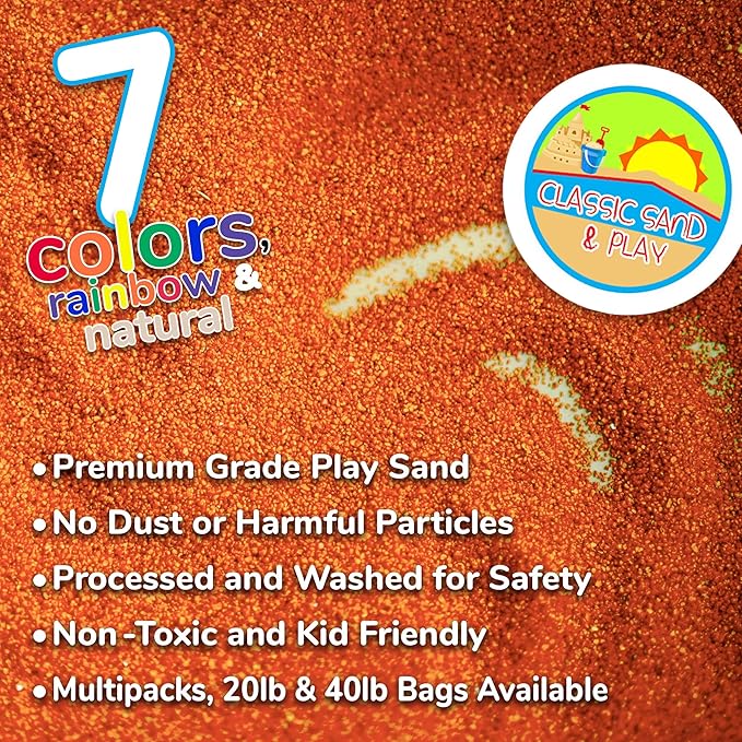 Classic Sand and Play Orange Colored Play Sand, 20 lb. Bag, Natural and Non-Toxic, Fun Wet and Dry Indoor and Outdoor, Sandbox, Therapy, and Table Use, Building, Stimulate Sensory Needs
