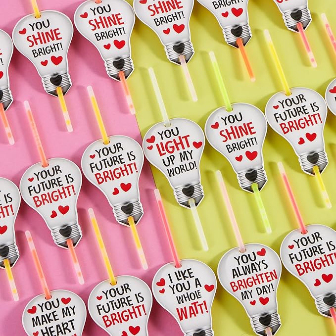 JOYIN 36 Packs Neon Valentines Day Gift Bulb Cards with Glow Sticks, Glow Necklaces for Valentine's Party Favor, Valentine Classroom Exchange Cards, Valentine School Prize