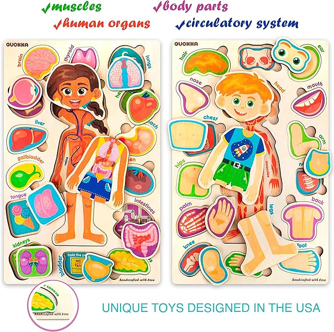 QUOKKA Wooden Puzzles for Kids – Montessori Puzzles for Toddlers 3-5 – Preschool Game Learning Human Body Parts Anatomy Skeleton – Educational Toys for Boy & Girl