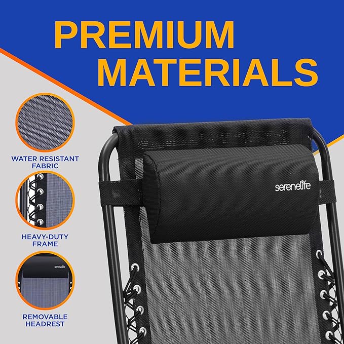 SereneLife Zero Gravity Outdoor Lounge Chairs 2 Pack – Folding Recliners with Side Table, Cup Holder & Padded Headrest – Adjustable Patio Chairs for Lawn, Garden, Deck, Camping (Black)