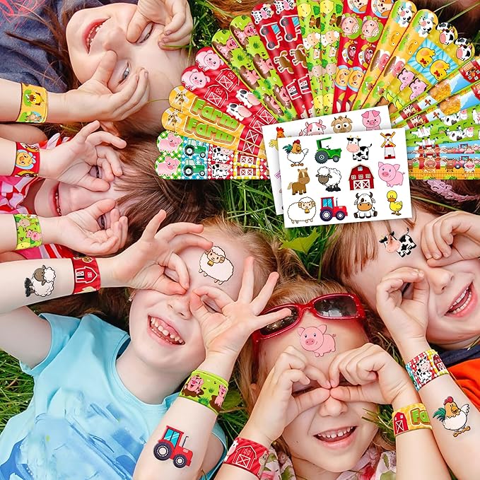 48PCS Farm Animal Party Favors - 24PCS Tattoos & 24PCS Slap Bracelets - Barnyard Birthday Supplies, Cow & Tractor Decorations, Gifts for Girls & Boys