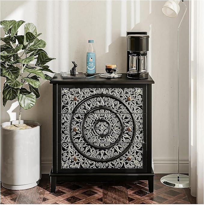 COZAYH 3-Drawer Fully-Assembled Flower Motif Dresser for French Country, Modern, Rustic Style, Distressed Finish, Gold & Black