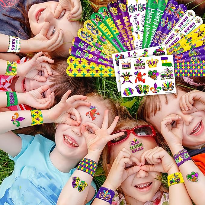 48 Mardi Gras 24PCS Mardi Gras Temporary Tattoos Sticker 24PCS Slap Bracelets Perfect for Themed Birthday Party Favors Baby Showers or Classroom Rewards Ideal Decor and Gifts for Girls and Boys