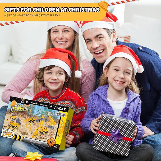 Asoxt Construction Sensory Playset - 43pcs Play Sand Art Kit- 2 lbs Sand,Sandbox,4 DIY Construction Trucks,Crane,Conveyor,8 Sand Molds,6 Figures,12 Road Signs - Ideal Toy for Boys & Girls Ages 3+