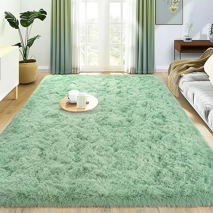 Xexsin Ultra Fluffy Area Rugs for Living Room Bedroom, 6x9 Fuzzy Large Living Room Rugs, Thick Shag Rug for Dorm, Soft Non Slip Kids Girls Boys Rug for Home Decor Aesthetic, Sage Green