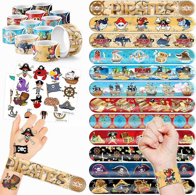 48PCS Pirate Party Favors - 24PCS Tattoos & 24PCS Slap Bracelets - Pirate-Themed Birthday Supplies, Treasure Hunt Decorations, Classroom Prizes, Gifts for Boys & Girls