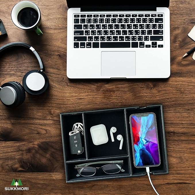 Valet Tray for Men and Women - PU Leather Desktop Organizer with 4 Compartments, Dresser Catchall Tray for Keys, Watch