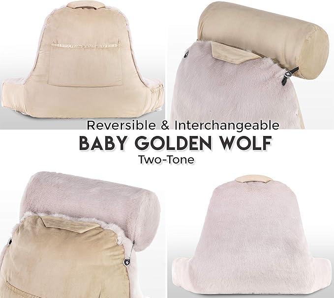 Husband Pillow XXL Baby Golden Wolf Fabulous Faux Fur Backrest, Two-Tone Reversible Double Sided Reading & Bed Rest Pillow with Arms & Neck Roll, Adjustable Memory Foam - Sit Up Extremely Comfy