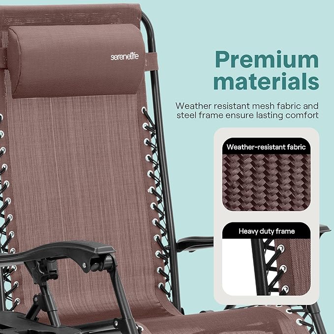 SereneLife Outdoor Zero Gravity Lounge Chair Set with Table – 2 Adjustable Recliners with Cup Holders, Headrest, Steel Frame & Foldable Design for Patio, Pool, Garden, or Camping