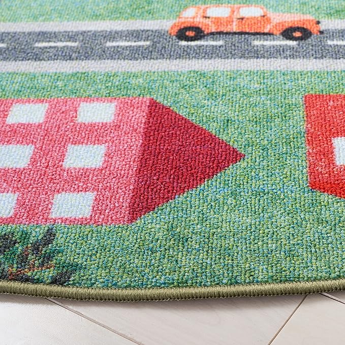 SAFAVIEH Kids Playhouse Collection Area Rug - 5' Round, Green & Charcoal, Non-Shedding Machine Washable & Slip Resistant Ideal for High Traffic Areas for Boys & Girls in Playroom, Bedroom (KPH200Y)