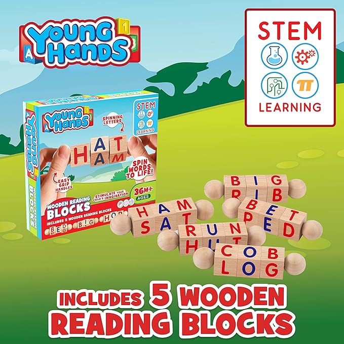 Creative Kids Wooden Reading Blocks - Set of 5 Spinning Alphabet Blocks w/Easy-Grip Handles - Kindergarten Preschool Learning Activities Letter Work - Wooden Montessori Toys Gifts for Kids Toddlers