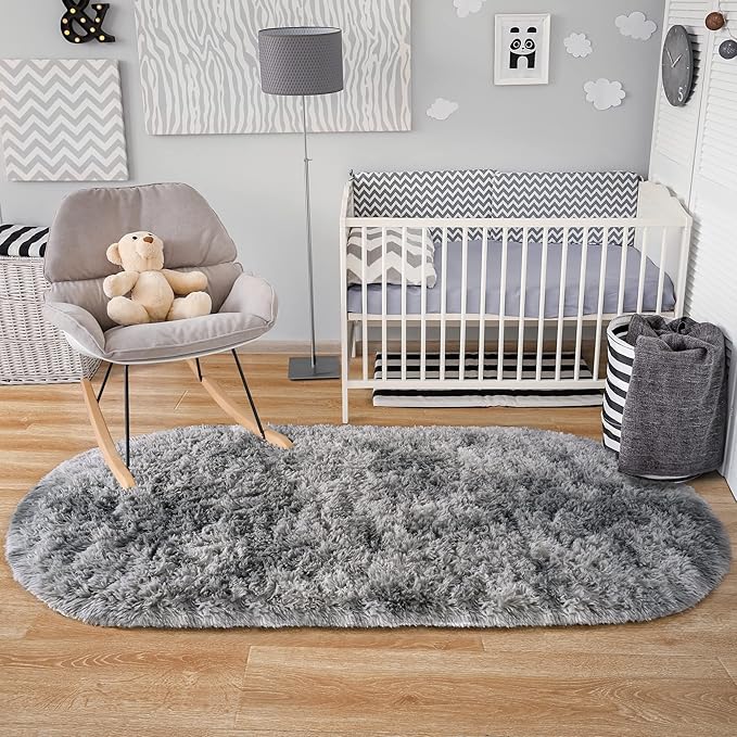 Noahas Oval Fluffy Grey Rainbow Rug 2.6X5.3 Small Kids Rugs for Bedroom Girls And Boys Aesthetic,Bedside Bedroom Rug,Ultra Soft Runner Carpet Modern Shaggy Nursery Area Rugs Home Deco