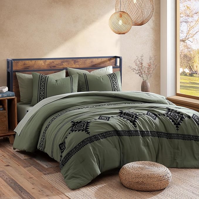 MaiRêve Embroidery Comforter Set, Boho Farmhouse Western Bedding Set, All Season Bed in A Bag Comforter Set with Sheets, Pillowcases & Shams, Olive Green Oversized Queen 7 Pieces