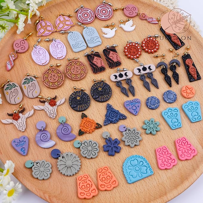 Puocaon Floral Polymer Clay Cutters - 8 Pcs Mexican Tile Clay Cutters for Earrings, 3D Print Embossed Clay Cutters for Polymer Clay Jewelry Making, Hollow Flower Clay Earring Cutters for Polymer Clay
