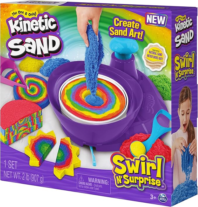 Kinetic Sand, Swirl N’ Surprise Playset with 2lbs of Play Sand, Including Red, Blue, Green, Yellow and 4 Tools, Sensory Toys for Kids Ages 3 and up