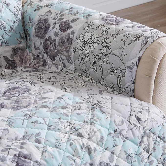 Reversible Floral Patchwork Furniture Protector Scalloped Edge Stain Resistant Printed Furniture Protector Maribel Collection (Loveseat, Gray/Aqua)