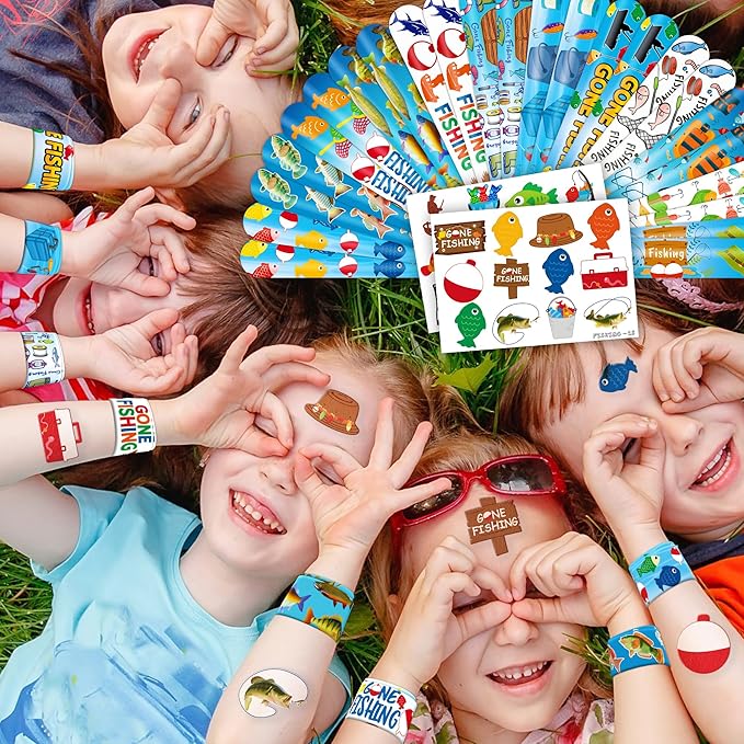 48PCS Gone Fishing Party Favors - 24PCS Tattoos & 24PCS Slap Bracelets - Fishing-Themed Birthday Supplies, Decorations, Classroom Prizes, Carnival Rewards, Gifts for Boys & Girls