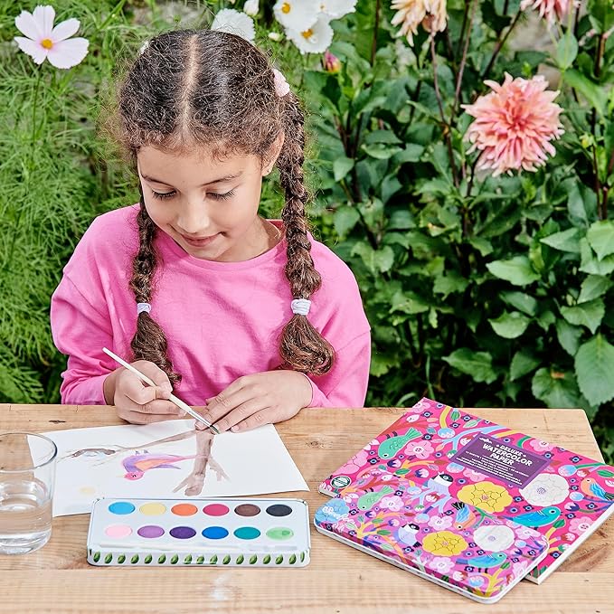 eeBoo: Birds in Fuchsia 12 Watercolors - Paint Set w Brush, Beautiful Design Tin Box, 12 Vibrant Colors, Kids Art Supplies, Ages 3+