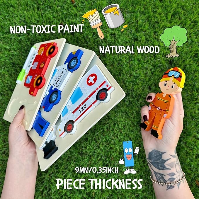 MASTER LEON - Wooden Toddler Puzzles 3-5 - Montessori Wooden Jigsaw Puzzle - Learning Educational Toy - Toddler Puzzle Vehicle Ages 3-4-5 Year Old - 3 Pack
