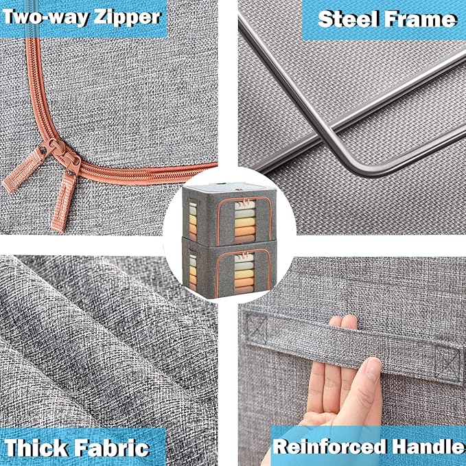 100L Large Storage Bags,Linen Stackable Clothes Storage Bins with Hold Shape Metal Frame,2 Opening Ways Fabric Visible Lidded Foldable Closet Organizers for Seasonal Clothing,Bedding (3, 100L)