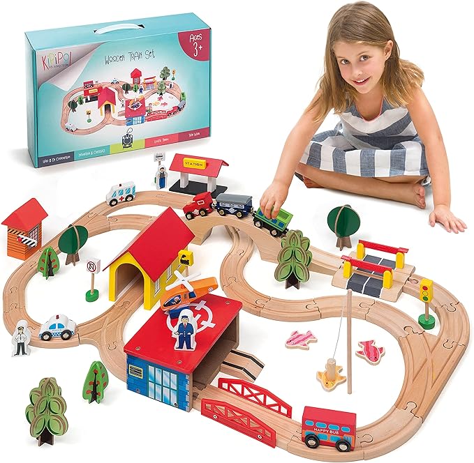 Wooden Train Set - 69 Pieces Wooden Train Tracks & Trains for Kids, Toddler Boys and Girls 3,4,5 Years Old and Upâ Premium Wood Construction Toys -Fits Thomas, Brio, IKEA, Melissa and Doug