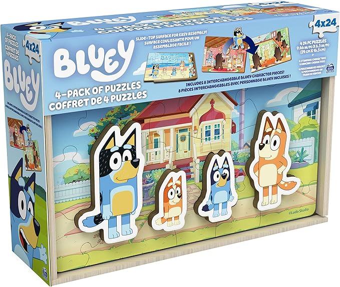 Bluey 4-Pack of Wooden 24-Piece Puzzles with Interchangeable Pieces | Bluey Birthday Party Supplies | Bluey Party Favors | Bluey Toys for Kids Ages 3+
