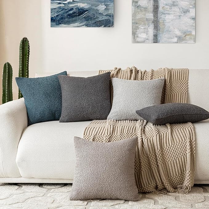 Foindtower Pack of 2 Modern Textured Boucle Throw Pillow Covers Accent Solid Decorative Pillow Cases Cozy Woven Couch Cushion Case for Chair Sofa Bedroom Living Room Home Decor, 18 x 18 Inch,Blue