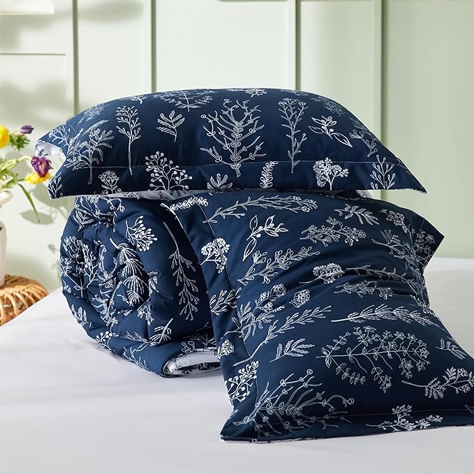 Bedsure Twin/Twin XL Comforter Set - Navy Bed Set, 2 Pieces Cute Floral Bedding, 1 Soft Reversible Botanical Flowers Comforter and 1 Pillow Sham