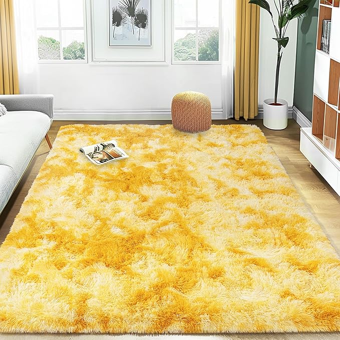 Xexsin Ultra Fluffy Area Rugs for Living Room Bedroom, 6x9 Fuzzy Large Living Room Rugs, Thick Shag Rug for Dorm, Soft Non Slip Kids Girls Boys Rug for Home Decor Aesthetic, Tie-Dyed Yellow